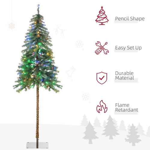 HOMCOM 6ft Tall Prelit Artificial Christmas Tree, Pencil Xmas Tree with 442 Branches, 175 Warm White or Colourful LED Lights, Steel Base