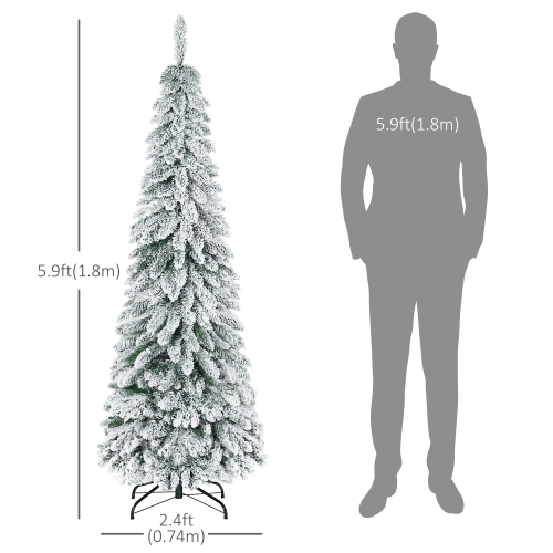 HOMCOM 6ft Tall Pencil Artificial Christmas Tree Xmas Tree with 523 Snow Flocked Branches, Downswept Shape, Steel Base