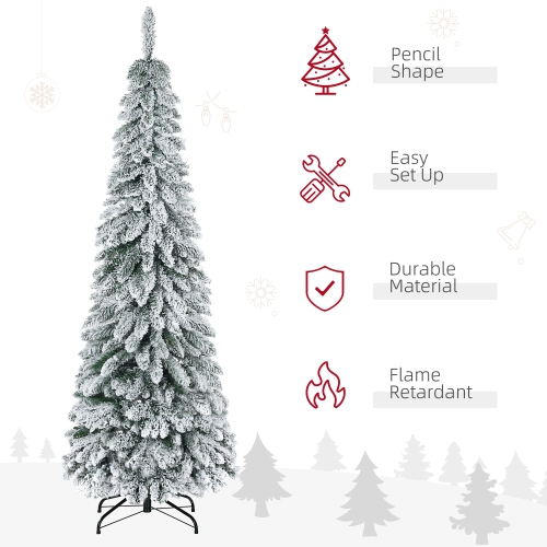HOMCOM 6ft Tall Pencil Artificial Christmas Tree Xmas Tree with 523 Snow Flocked Branches, Downswept Shape, Steel Base