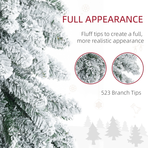 HOMCOM 6ft Tall Pencil Artificial Christmas Tree Xmas Tree with 523 Snow Flocked Branches, Downswept Shape, Steel Base