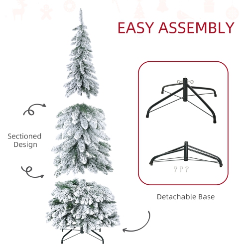 HOMCOM 6ft Tall Pencil Artificial Christmas Tree Xmas Tree with 523 Snow Flocked Branches, Downswept Shape, Steel Base