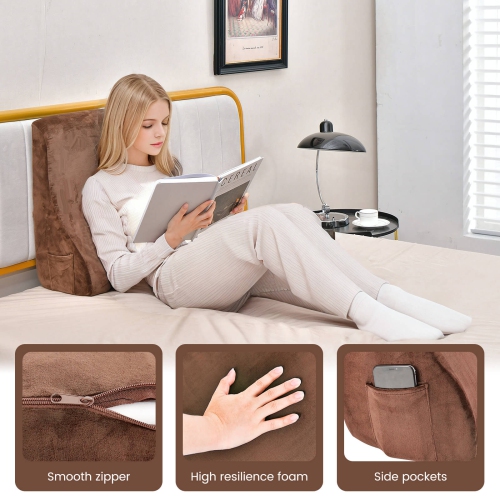 Costway Bed Wedge Pillow with Smooth Zipper Side Pockets Support for Back Brown/Gray/Navy