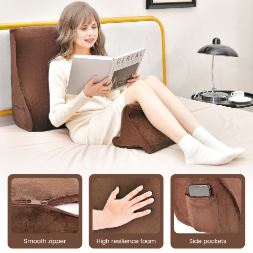 Costway Bed Wedge Pillow with Smooth Zipper Side Pockets Support for Back Brown/Gray/Navy