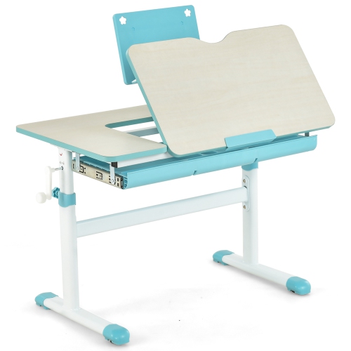 Costway Height-Adjustable Kids Desk Children Study Table with Tilt Desktop & Book Stand Blue/Pink