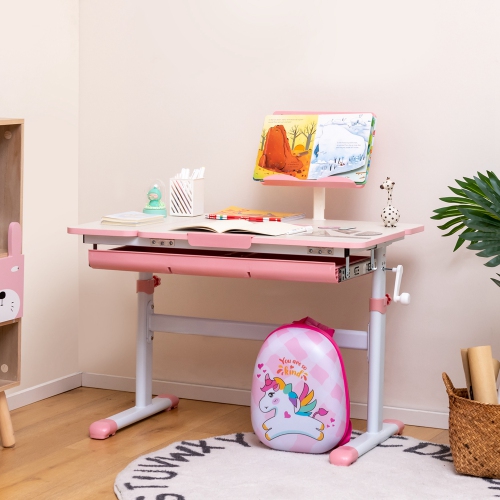Costway Height-Adjustable Kids Desk Children Study Table with Tilt Desktop & Book Stand Blue/Pink