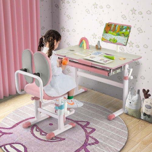 Costway Height-Adjustable Kids Desk Children Study Table with Tilt Desktop & Book Stand Blue/Pink