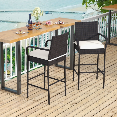 Costway 2PCS Patio PE Wicker Bar Chairs Counter Height Barstools with Armrests &Cushions