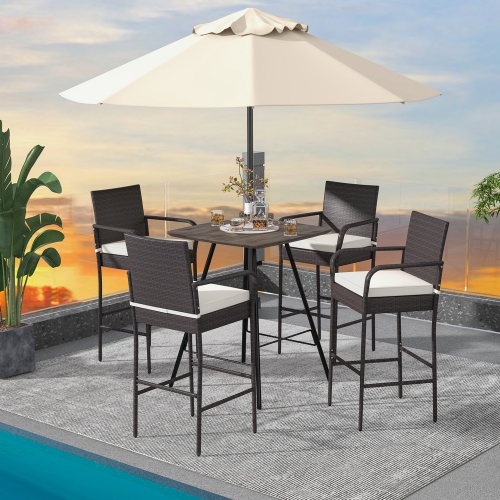 Costway 2PCS Patio PE Wicker Bar Chairs Counter Height Barstools with Armrests &Cushions