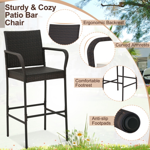 Costway 2PCS Patio PE Wicker Bar Chairs Counter Height Barstools with Armrests &Cushions