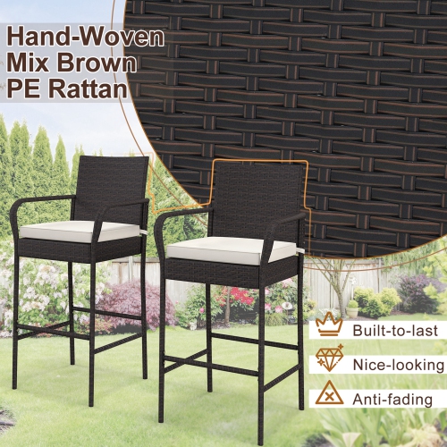 Costway 2PCS Patio PE Wicker Bar Chairs Counter Height Barstools with Armrests &Cushions
