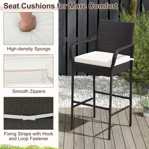 Costway 2PCS Patio PE Wicker Bar Chairs Counter Height Barstools with Armrests &Cushions