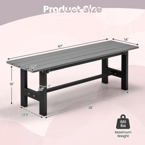 Costway 2PCS Outdoor HDPE Bench with Metal Frame 47" x 14" x 16" for Yard Garden Brown/Black/Gray