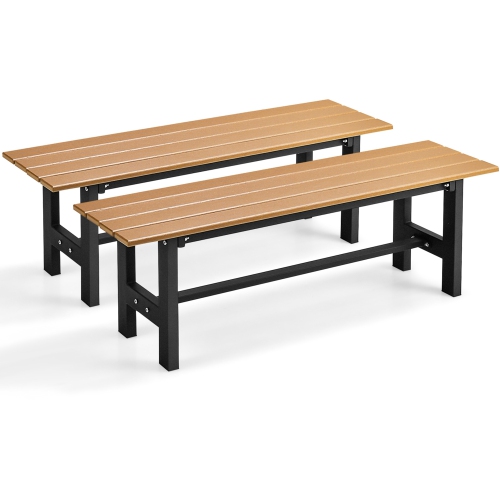 COSTWAY  2PCs Outdoor HDpe Bench With Metal Frame 47" X 14" X 16" for Yard Garden Brown/black/gray
