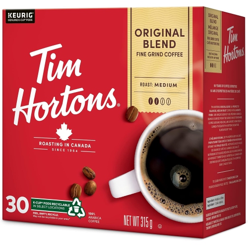 Tim Hortons Original Blend Coffee, Single Serve K-Cup Pods, Medium Roast, 30ct Pack