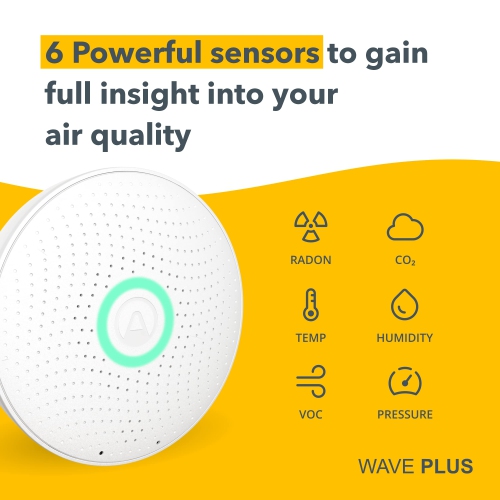 AIRTHINGS Wave Plus Indoor Air Quality Monitor with Radon Detection Free App & Web Dashboard Easy-to-Use Radon, Tvocs, Co2, Temperature, Humidity &