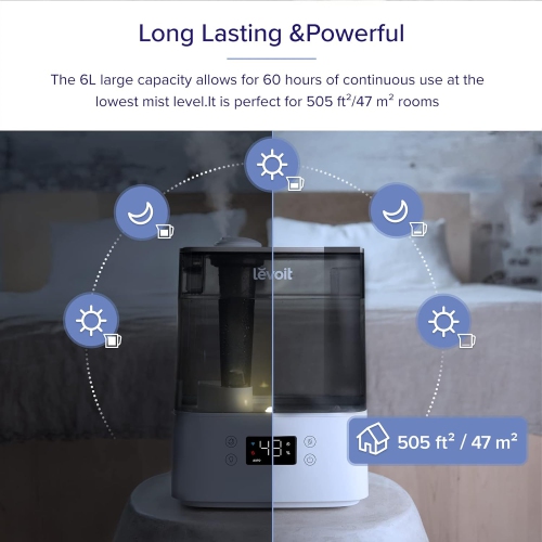 Levoit Humidifier for Bedroom, Cool Mist Humidifiers for Plants, 6L Top Fill for Large Room, Essential Oil Tray, Smart Control, Work with Alexa, Auto