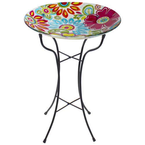 18" Pastel Pink and Blue Flowers Hand Painted Glass Outdoor Patio Bird Bath