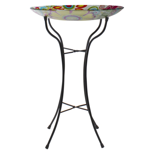 18" Pastel Pink and Blue Flowers Hand Painted Glass Outdoor Patio Bird Bath