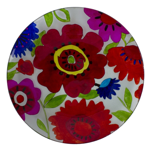 18" Red and Blue Summer Flowers Hand Painted Glass Outdoor Patio Birdbath