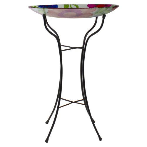 18" Red and Blue Summer Flowers Hand Painted Glass Outdoor Patio Birdbath