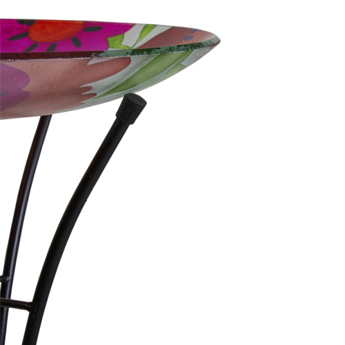 18" Red and Blue Summer Flowers Hand Painted Glass Outdoor Patio Birdbath