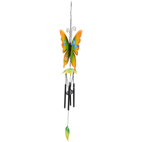 15.75" Orange and Green Metal Butterfly Outdoor Garden Windchime