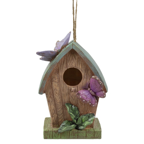 NORTHLIGHT  10" Brown And Hanging Birdhouse With Butterflies Outdoor Garden Decor In Green