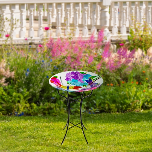 18" Pink and Purple Dragonflies Hand Painted Glass Outdoor Patio Birdbath