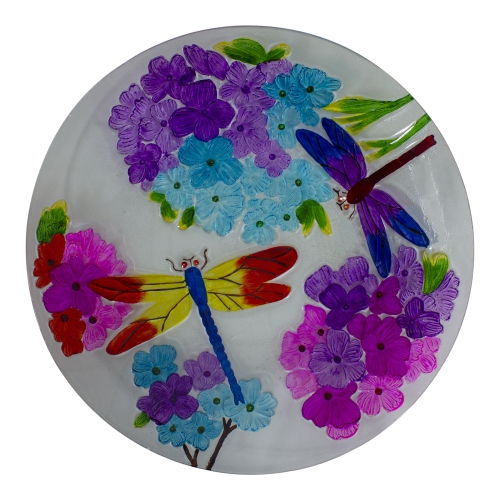 18" Pink and Purple Dragonflies Hand Painted Glass Outdoor Patio Birdbath