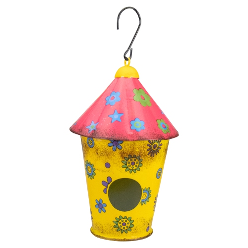NORTHLIGHT  7.75" And Yellow Metal Birdhouse With Flowers In Red