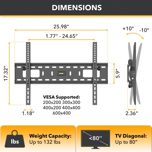 CondoMounts Tilt TV Wall Mount For Steel Stud | NO Stud | TV Mount Metal Studs | Holds 132lbs TV | Fits 37"-80" TVs | Includes Elephant Anchor Set