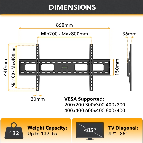 CondoMounts Fixed TV Wall Mount for Steel Stud | NO Stud Drywall | TV Mount Metal Studs | Holds 132lbs | Fits 42"-75" TVs | Includes Elephant Anchor