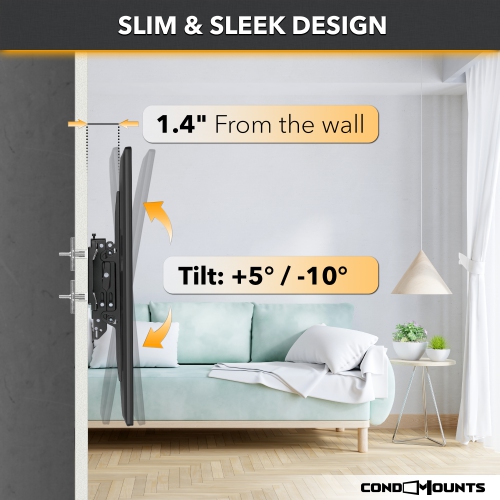 CondoMounts Advanced Tilt TV Wall Mount 4D extension | Easy Install for Metal Stud & No Stud walls | Holds 100lbs | 37-in. to 80-in. TVs | Fits up to