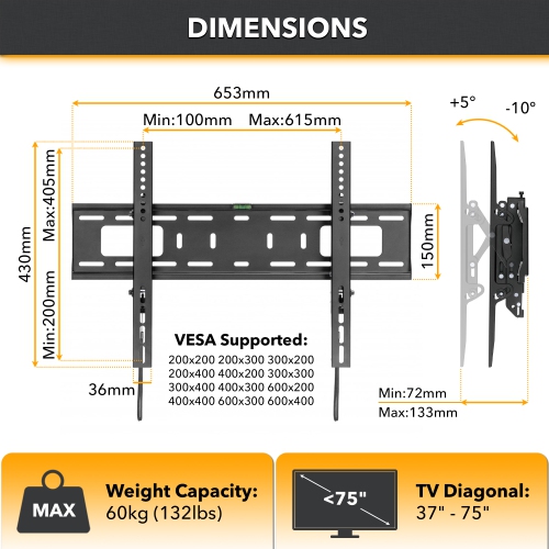 CondoMounts Advanced Tilt TV Wall Mount 4D extension | Easy Install for Metal Stud & No Stud walls | Holds 100lbs | 37-in. to 80-in. TVs | Fits up to