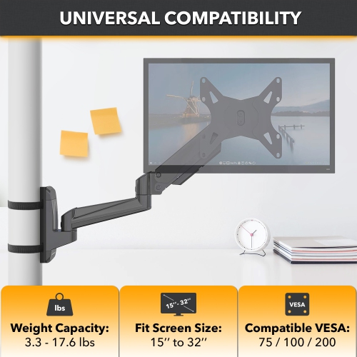 CondoMounts NO Drill Full Motion Pillar Monitor Mount | WorkBench Monitor Mount | Pallet Rack | GAS Spring Arm with VESA Plate | Holds 18lbs | Up to