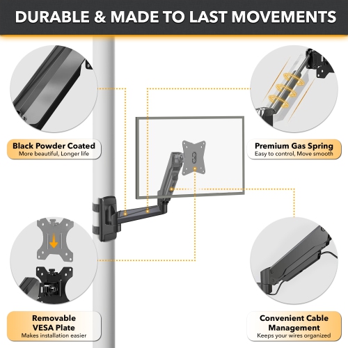 CondoMounts NO Drill Full Motion Pillar Monitor Mount | WorkBench Monitor Mount | Pallet Rack | GAS Spring Arm with VESA Plate | Holds 18lbs | Up to
