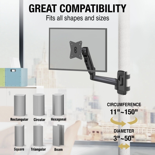 CondoMounts NO Drill Full Motion Pillar Monitor Mount | WorkBench Monitor Mount | Pallet Rack | GAS Spring Arm with VESA Plate | Holds 18lbs | Up to