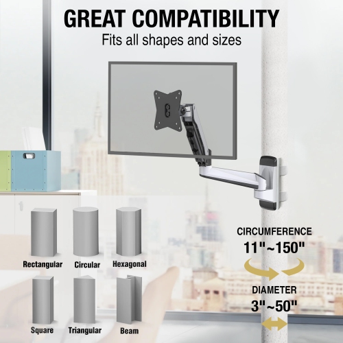 CondoMounts NO Drill Full Motion Pillar Monitor Mount | WorkBench Monitor Mount | Pallet Rack | GAS Spring Arm with VESA Plate | Holds 18lbs | Up to