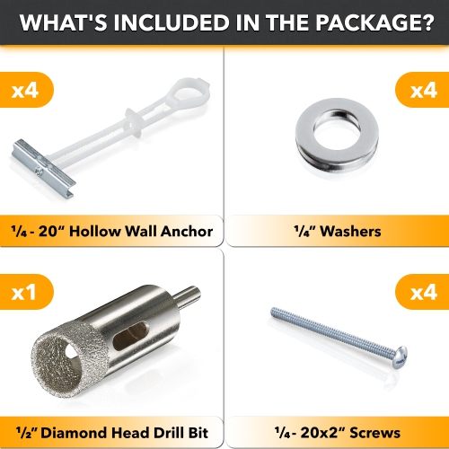 CondoMounts Tiled Wall TV Mounting Kit | Granite/Marble Wall | NO Stud Wall | Grab Bar | Home Accessories Mount | Holds 90lbs | Includes 4 Elephant