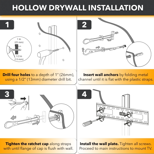CondoMounts Tiled Wall TV Mounting Kit | Granite/Marble Wall | NO Stud Wall | Grab Bar | Home Accessories Mount | Holds 90lbs | Includes 4 Elephant