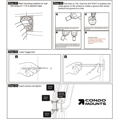 CondoMounts Tiled Wall TV Mounting Kit | Granite/Marble Wall | NO Stud Wall | Grab Bar | Home Accessories Mount | Holds 90lbs | Includes 4 Elephant