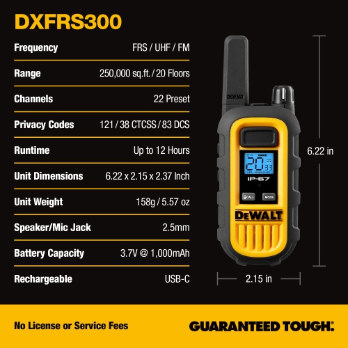 2 DeWalt DXFRS300 Walkie Talkies Plus Earpieces - 1 Watt Heavy Duty Work Site Two Way Radio Set Waterproof, Shock Resistant, Long Range, 2 Radios and