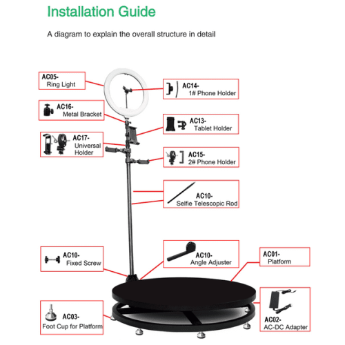 Portable 360 automatic rotation photo/video slow motion selfie booth for parties & events with Ring Light RGB light band - iPhone / iPad / DSLR / Go