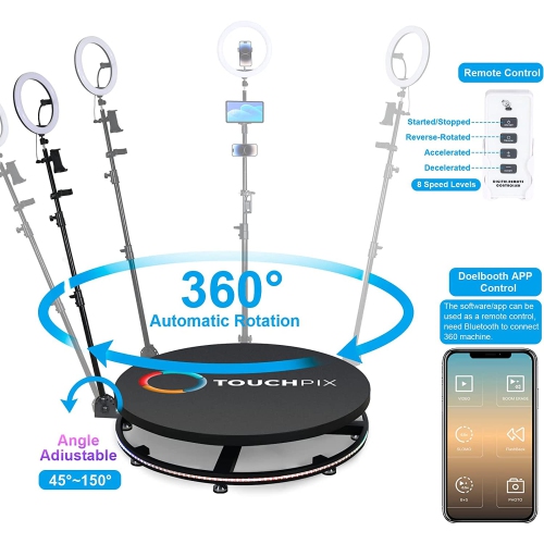 Portable 360 automatic rotation photo/video slow motion selfie booth for parties & events with Ring Light RGB light band - iPhone / iPad / DSLR / Go