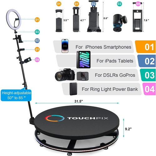 Portable 360 automatic rotation photo/video slow motion selfie booth for parties & events with Ring Light RGB light band - iPhone / iPad / DSLR / Go