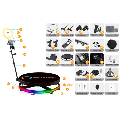 Portable 360 automatic rotation photo/video slow motion selfie booth for parties & events with Ring Light RGB light band - iPhone / iPad / DSLR / Go