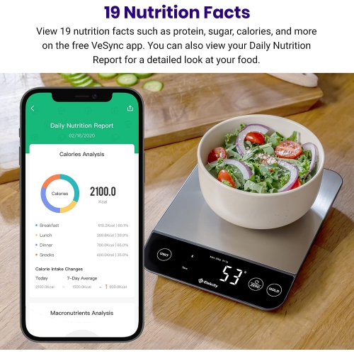 Etekcity Luminary 22lb Food Nutrition Bluetooth Kitchen Digital Scale, Waterproof, Rechargeable, Ounces and Grams for Weight Loss, Cooking, 304
