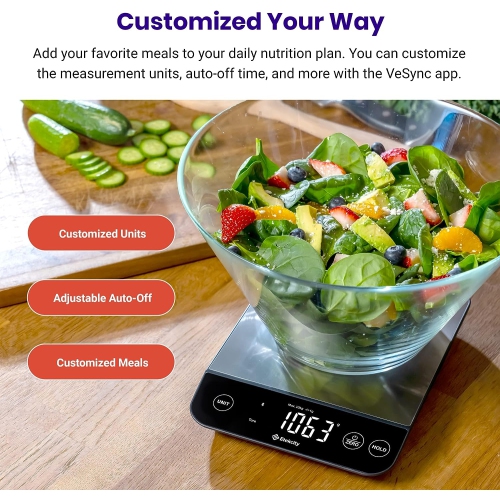 Etekcity Luminary 22lb Food Nutrition Bluetooth Kitchen Digital Scale, Waterproof, Rechargeable, Ounces and Grams for Weight Loss, Cooking, 304