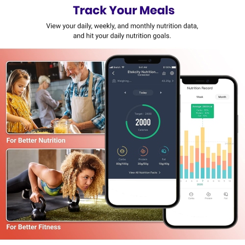 Etekcity Luminary 22lb Food Nutrition Bluetooth Kitchen Digital Scale, Waterproof, Rechargeable, Ounces and Grams for Weight Loss, Cooking, 304