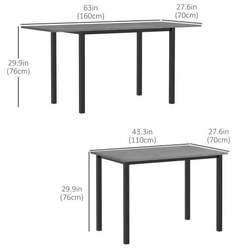 HOMCOM Expandable Dining Table with Detachable Side, Folding Kitchen Table for 6 People, Extending Table with Steel Frame for Small Spaces, Dark Grey